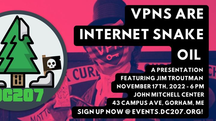 dcg207's tweet photo. Have security ailments? Just use a #VPN, and you'll be fine! Well... that's what VPN vendors want you to think. TOMORROW NIGHT we'll be joined by @troutman for a talk on VPNs and the dubious claims vendors promote. Sign up now @ https://t.co/pUNQQSXQtl! #dcgroups #defcon #usm https://t.co/1pHLkS9FxJ