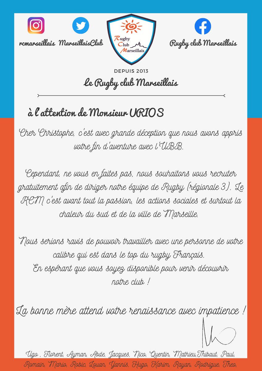 ClubMarseillais's tweet photo. Le monde du #rugby n'est pas prêt ! 

Monsieur Urios, votre annonce est prête?

#rugby #top14 #prod2 #essai #match 

crédit : @ugo_turpin et le club entier https://t.co/A8YIQIL4HG