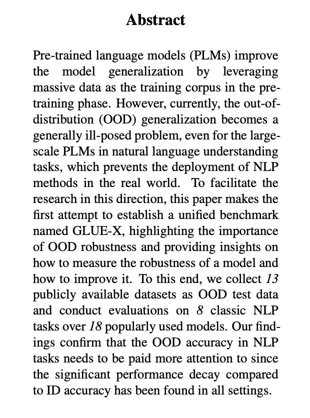 linyi_yang's tweet photo. Tired of GLUE? 
Expect to reasonably measure the OOD generality of your model? 
GLUE-X provides the first unified benchmark for OOD generalization in NLP.
We will publish our code and datasets soon.
https://t.co/AxPIBKZQe5 https://t.co/O0fQJIl6tu