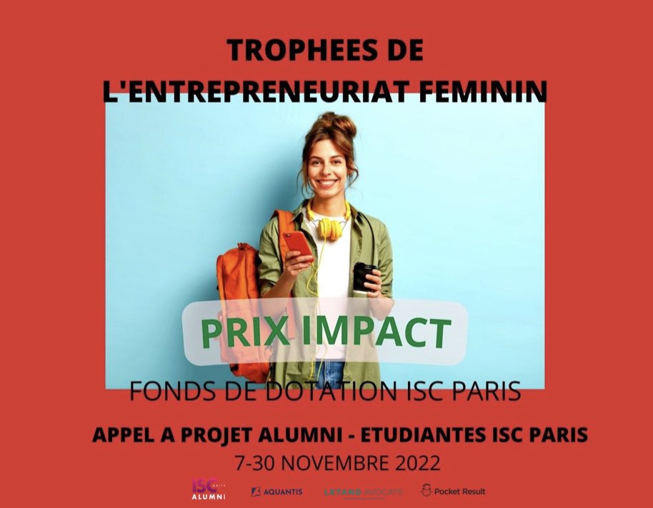 📣 Alumni et étudiantes ISC, candidatez pour les #Trophées de l’entrepreneuriat féminin <a href="/groupe_iscparis/">Groupe ISC Paris</a> 🙋‍♀️ 🏆
⏰ Vous avez jusqu'au 30 novembre pour proposer votre projet !

L'ISC Paris Alumni est fière de faire partie des mécènes.
Pour plus d'infos
👉 lnkd.in/e7uA5fzJ