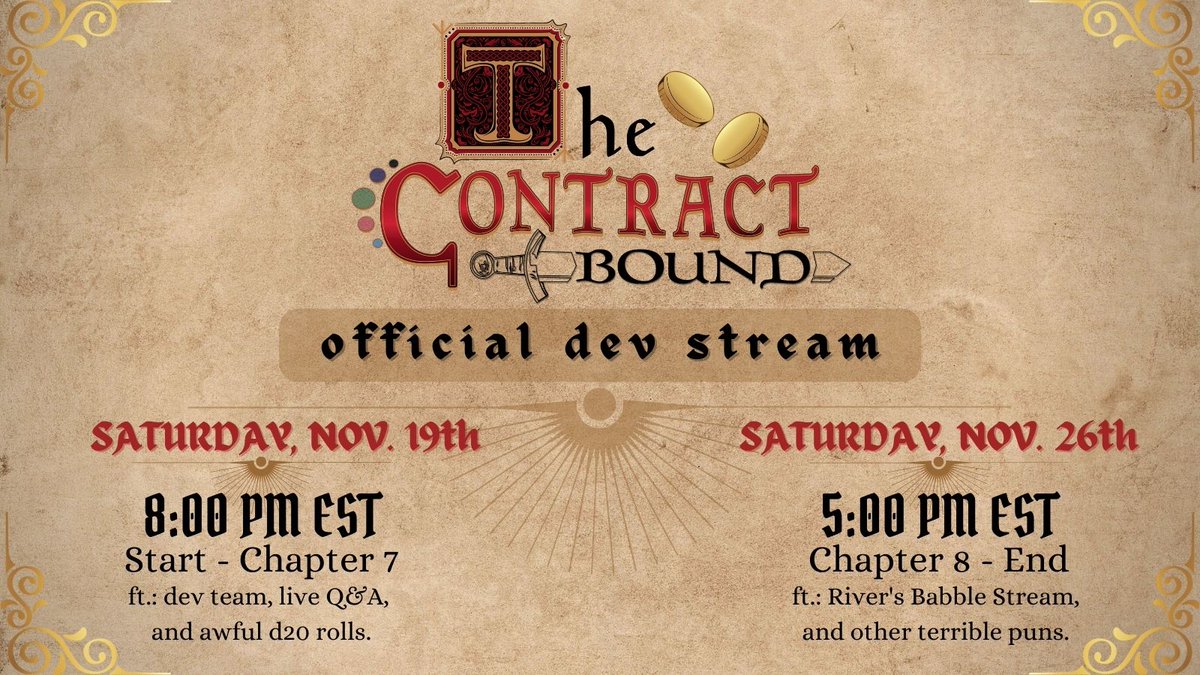 Coven_C_Studios's tweet photo. HARK! It's #TheContractBound Official Dev Stream!!

FT: Q&amp;A, BtS, Live-Readings, and more!

SAT., 26th: w/ guest @MikeYoungVO aka RIVER's VA.

Grab your🎲, make some🍿, and gear up, Adventurer! We'll see you there! (link soon)

#IndieGameDev #ContractBound #visualnovel #stream https://t.co/AN08KYeoGT