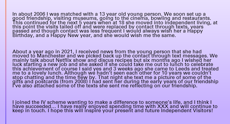 leedsIVscheme's tweet photo. We love to hear from IV's and young people even after they leave the scheme. Here are some lovely quotes from a young person and a bit of information on their friendship from one of our past IV's #rightfriend
Inspired to volunteer? Find out more https://t.co/F2Qh8iHGcm https://t.co/Nrid2TNpi9