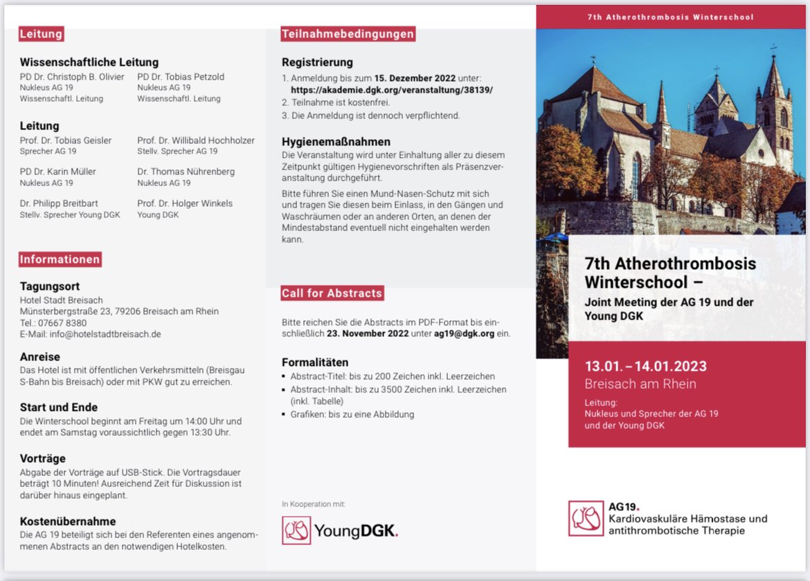 YoungDgk's tweet photo. Die Atherothrombosis Winterschool findet dieses Mal als Joint Meeting von AG19 und Young DGK statt 🤓

➡️Einblicke in Atherothrombose, young Sessions &amp; Networking inklusive

🗓️ 13./14.01.2023, Breisach am Rhein
✉️ Abstracts einreichen bis 23.11.

https://t.co/OONgC2NnJ7

@DGK_org https://t.co/3Qozt5AZ6l