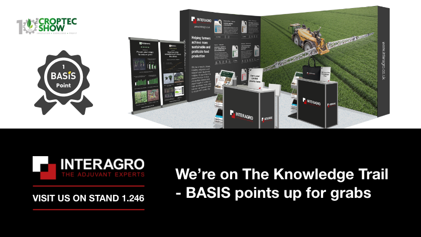CropTecShow's tweet photo. BASIS points up for grabs!
Join @InteragroUK on the Knowledge Trail at #CropTec22 for BASIS points & #adjuvant & #biostimulant insights.
Hall 1, stand 1.246
#Pushingperformance https://t.co/sIHr8CUSFA
