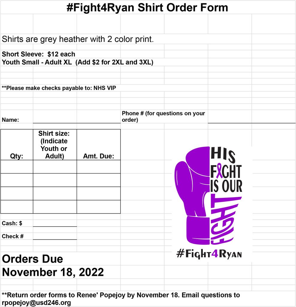 The deadline to order shirts to support district tech coordinator, Ryan Gath is Friday, November 18. Please get your order to Katy Karhoff or Renee' Popejoy.