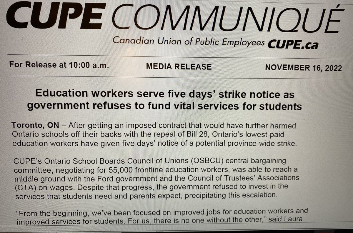 CUPE release says they were able to reach "middle ground" with the government on wages but it "refused to invest in the services that students need" #onpoli