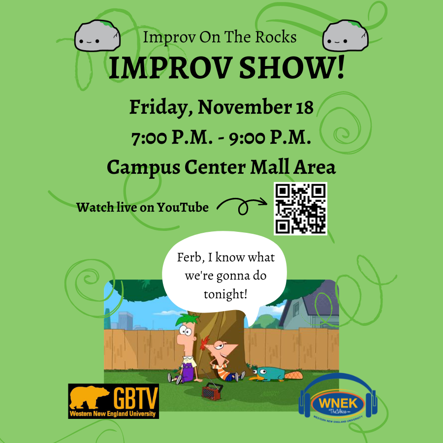 WNE_Involvement's tweet photo. Join Improv on the Rocks for their show in the Campus Center Mall Area, or scan the QR code to watch live on YouTube! https://t.co/1DwaQpDciR