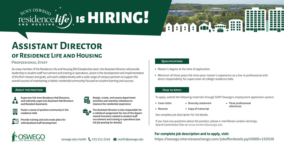 OswegoResLife's tweet photo. Residence Life and Housing at SUNY Oswego is hiring for Assistant Director of Residence Life and Housing!

To apply, visit https://t.co/MsPBW2acHM

If you have any questions, please contact Renee Landers-Jennings, Search Chair at renee.landers@oswego.edu

#jointheteam https://t.co/ogMIaazZkU