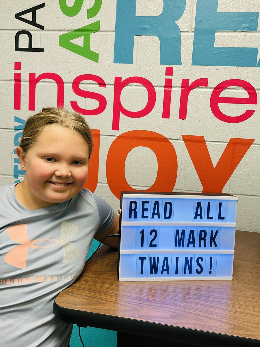 This girl! Wow! Not only was she first to finish all 12 Mark Twains, she didn’t start till school began and she finished prior to Thanksgiving! Broke a record for this librarian!