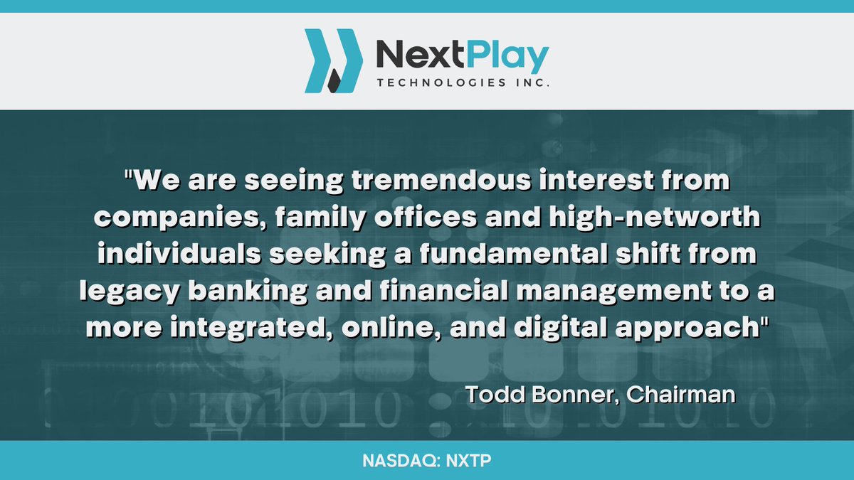 NextPlayTech's tweet photo. FEATURE | "We are seeing tremendous interest from companies, family offices and high-networth individuals seeking a fundamental shift from legacy banking ... to a more integrated, online, and digital approach"
Read more » https://t.co/19ZEA2Lu6F 
#fintech #investing $NXTP https://t.co/PrzzwfGZHP