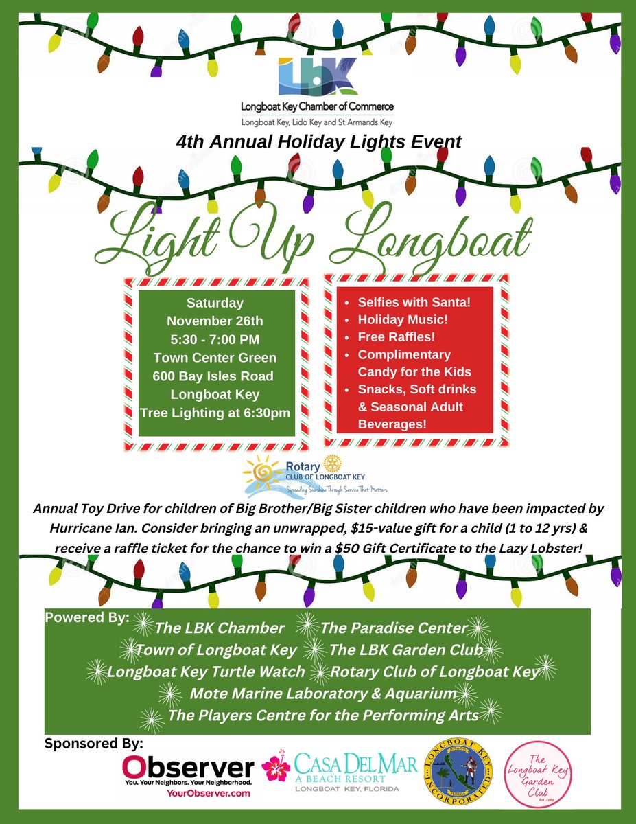 TownofLBK's tweet photo. We hope to see👀 you at the 4th Annual 🎄Holiday Lights Event🎄! Come on out this evening and join us for a fun filled evening. Take a 🤳selfie with Santa🎅, enjoy holiday music🎶, free raffles, snacks, drinks🥂, and more.  #LongboatKey @ObserverGroup @LBKChamber @1casadelmar https://t.co/Q1VzrU2Rb4