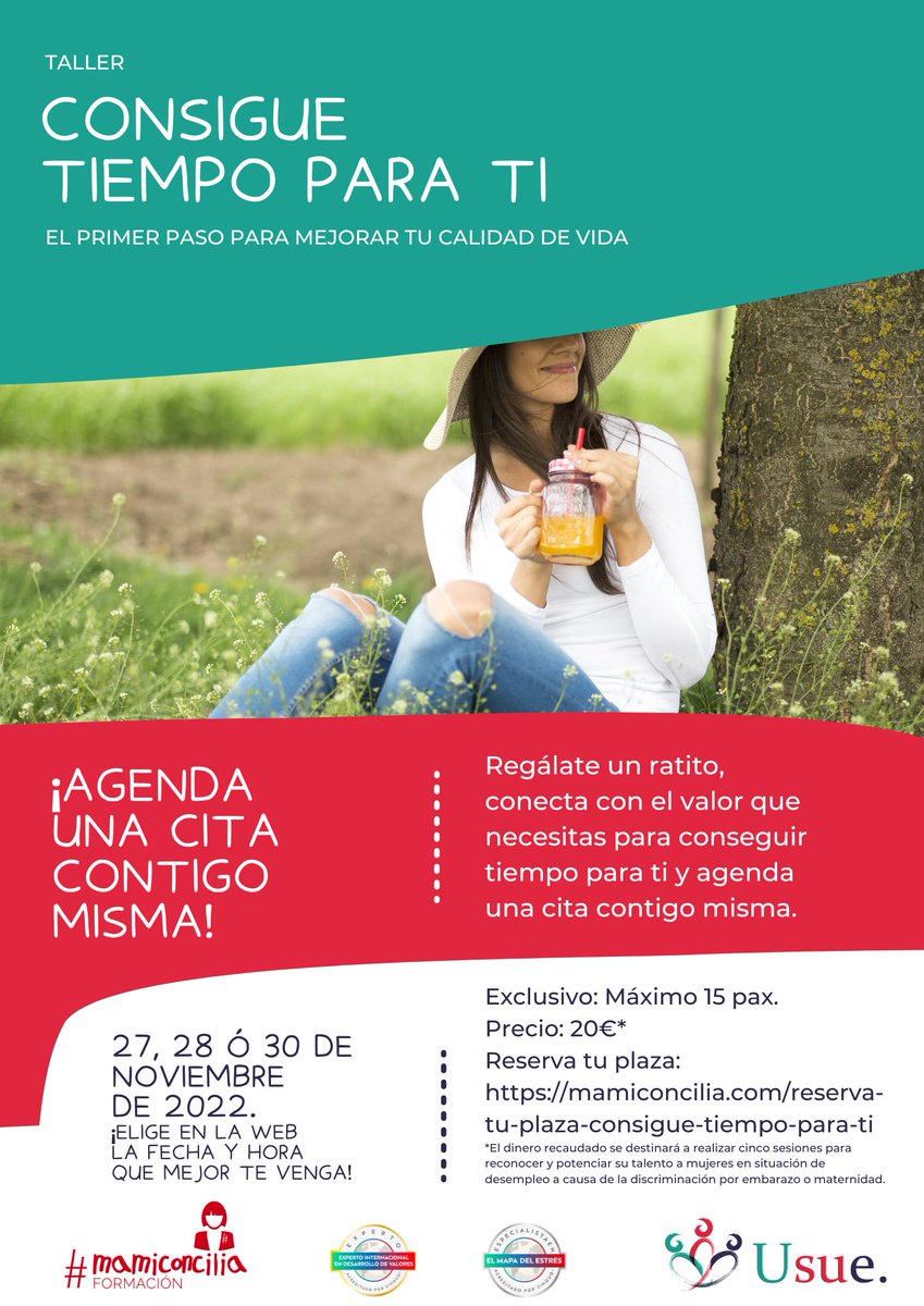 mamiconcilia's tweet photo. ¿Te has centrado tanto en tu trabajo o en los otros que te has olvidado de ti? Apúntate al Taller Consigue tiempo para ti y agenda una cita contigo misma. Más información e inscripciones https://t.co/j5fmLqScGP #taller #conciliación https://t.co/P5hWOZX8Zk