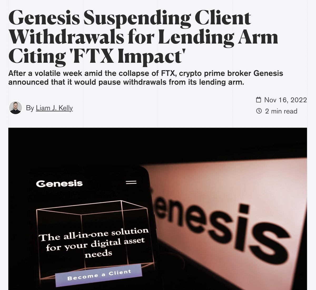 kian_sasan's tweet photo. Die nächsten Dominos fallen.

Lending Plattform Genesis stellt Auszahlungen ein, auch das Programm "Earn" der Börse Gemini pausiert Auszahlungen. Gemini ist eine der ältesten US-Kryptobörsen. Beide sind vom FTX Zerfall betroffen. https://t.co/CWb4t3W6eV