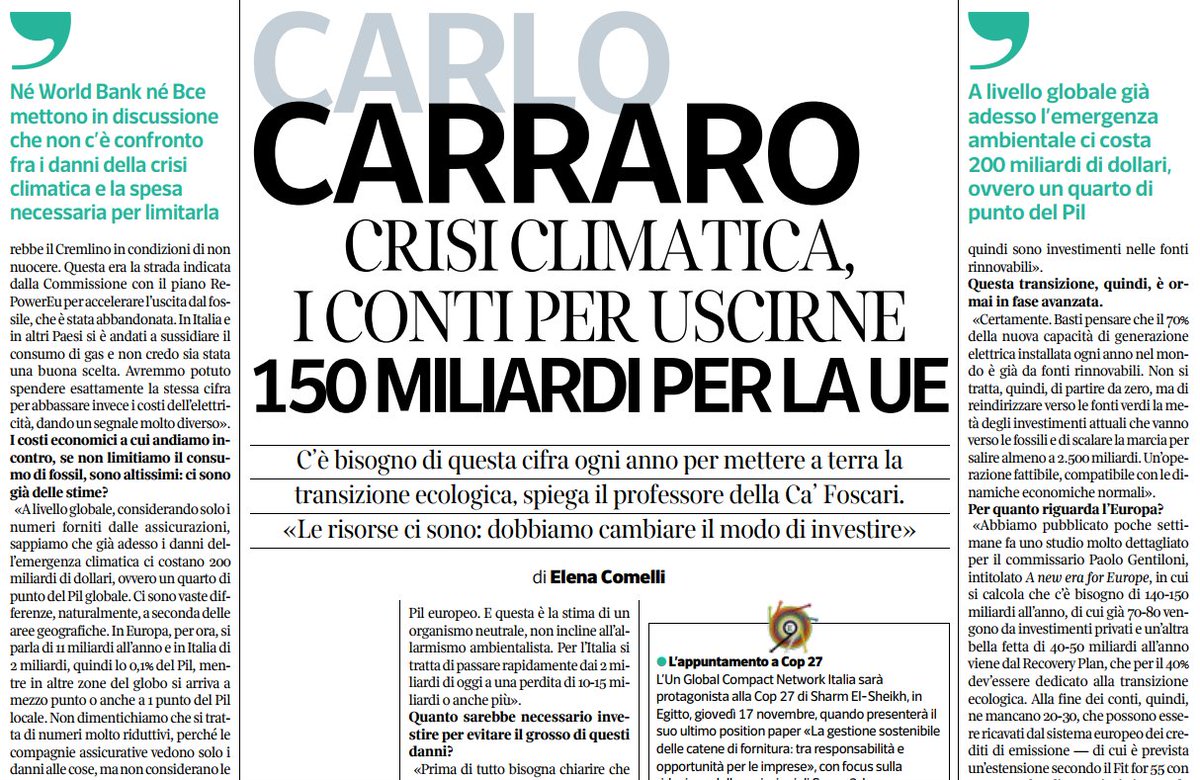 Per l'Europa è fattibile azzerare entro il 2050
le emissioni nette di #GasSerra: 
servono 150 miliardi d'investimenti all'anno, 
di cui già 70-80 vengono dai privati 
e altri 40-50 dal #RecoveryPlan. 
Le risorse ci sono, basta indirizzarle meglio,
<a href="/ccarraro_unive/">Carlo Carraro</a> via <a href="/Corriere/">Corriere della Sera</a>