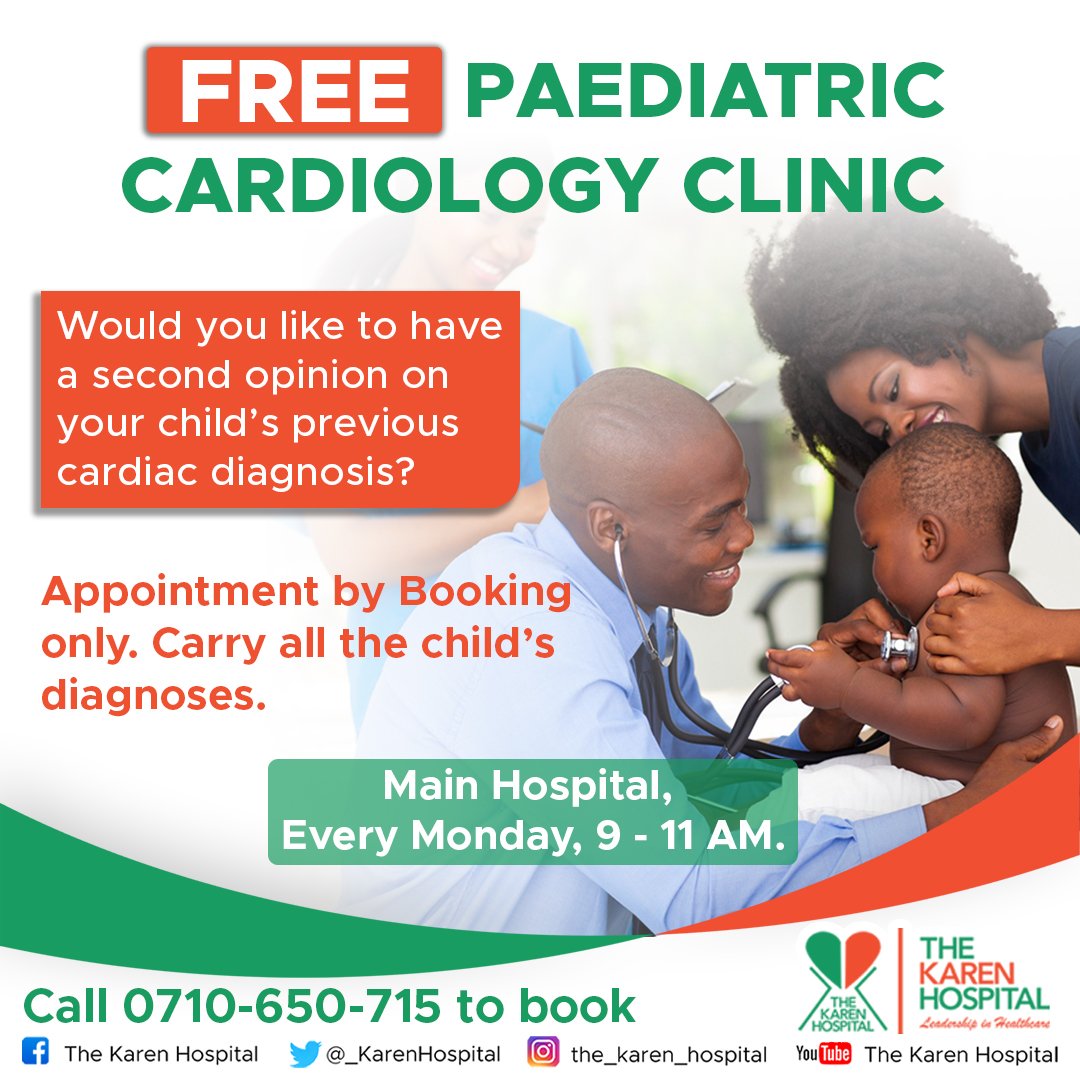 GOOD NEWS! Every Monday, we are holding a FREE paediatric cardiology clinic for those who would like to have a second opinion on their children's previous cardiac diagnosis. Call 0710 650 715 to book. Remember to carry all the previous diagnosis #LeadershipInHealthcare #Children