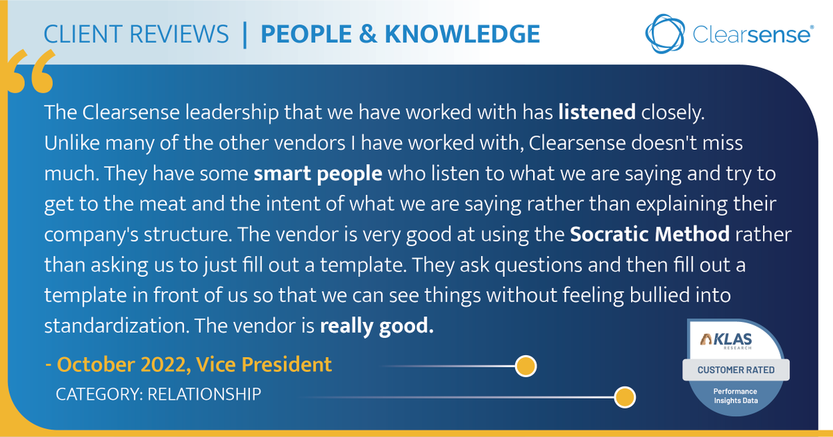 ClearsenseLLC's tweet photo. We have #YourDataYourWay built into #1Clearsense from the start. If you're a #CIO looking for a #healthcaredata partner, not another vendor, then check out what this client told @KLAS Research. Ready to get your data questions solved? We're listening. Reply for more info. https://t.co/bpxgjfOJFL