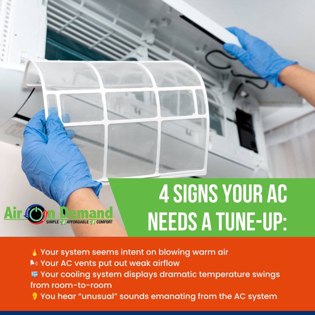 AirOnDemand's tweet photo. Are you thinking your AC may be in need of a tune-up? 🤔 

Know the warning signs that your AC needs a helping hand from one of our experts here at Air On Demand, and get your system running like new again! 

Schedule service today: https://t.co/n09DDIDEJH https://t.co/VvI0MLkKXZ