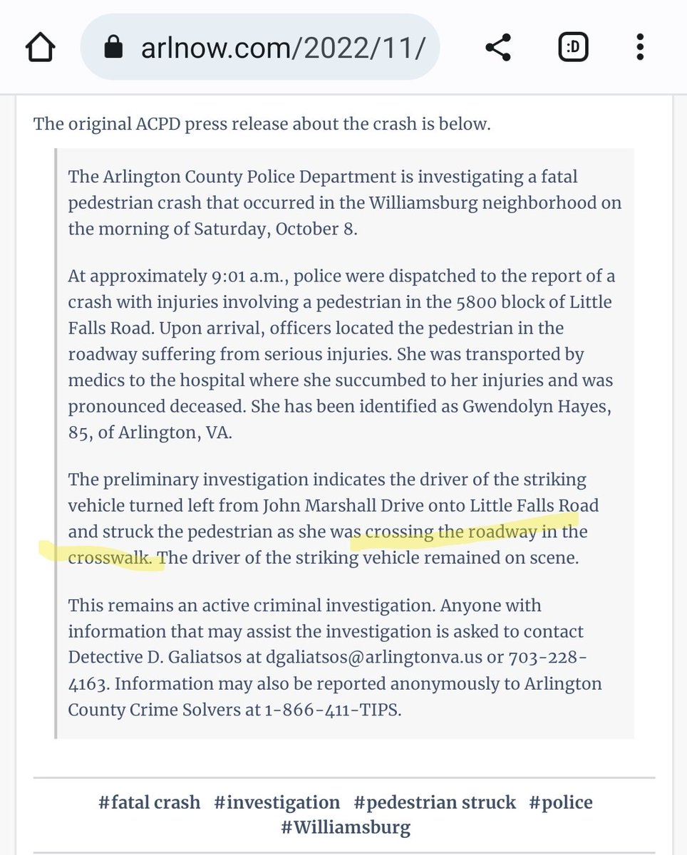 JorgeATorrico's tweet photo. @velo_monicaDC @ARLnowDOTcom @VaDOTNOVA @ArlingtonVaPD @ArlCountyBoard 
#SpeedIsAlwaysAFactor, if one is driving at a speed in which one is unable to stop before crashing, or w/ enough momentum to kill, then the speed was TOO FAST. The SPEED was a FACTOR. 

Why is manslaughter by car permitted? https://t.co/tS1yYcHMHw