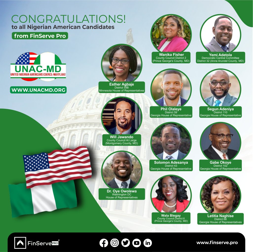 FinServe Congratulates you all on your successful victories at your various districts. 

We pray that God fill you all with the strength and wits needed for your respective offices. 

#finservepro #nigerianamerican #elections2022 #africanamerican #unacmd