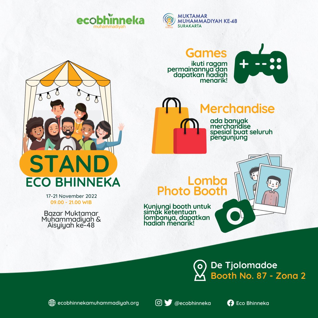 Monggo Mampir! Stand Bazar Eco Bhinneka di Muktamar Fair di Booth Nomor 87 Zona 2, mulai 17 – 21 November 2022 Pukul 09.00 – 21.00 WIB.

Selengkapnya: ecobhinnekamuhammadiyah.org/id/monggo-mamp…

#ecobhinneka #Muhammadiyah #JISRA #Muktamar48 @Muktamar48