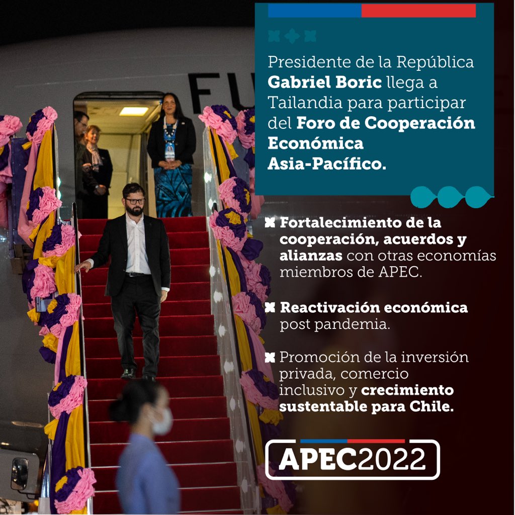 Avanzamos en cooperación internacional y #MásInversión para Chile 🤝🏻 Presidente <a href="/GabrielBoric/">Gabriel Boric Font</a> llega a Tailandia para participar de la #APEC2022, fortalecer alianzas internacionales y promover la inversión, comercio y crecimiento sustentable para Chile.