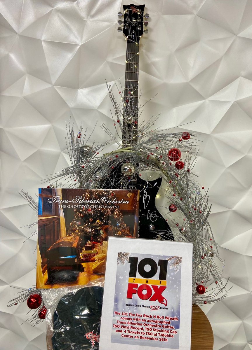 101theFoxKC's tweet photo. The Holiday Boutique is here! Make your bid on the 101 The Fox Wreath! It comes with an Autographed Trans-Siberian Orchestra Guitar, 4 tickets to TSO on Dec. 26th, a TSO Vinyl and TSO Stocking Cap! Proceeds benefit the Johnson County Christmas Bureau to help low-income families. https://t.co/xEUOKG7F3V