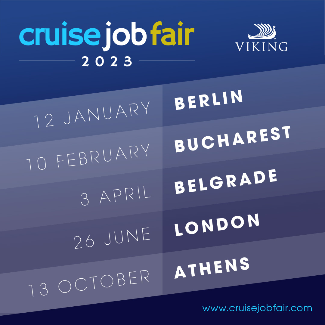We are very excited to announce the schedule of our face-to-face events for 2023:

12 January ... Berlin, Germany
10 February ... Bucharest, Romania
3 April ... Belgrade, Serbia
26 June ... London, UK
13 October ... Athens, Greece

#cruisejobfair #allcruisejobs #WorkWithViking