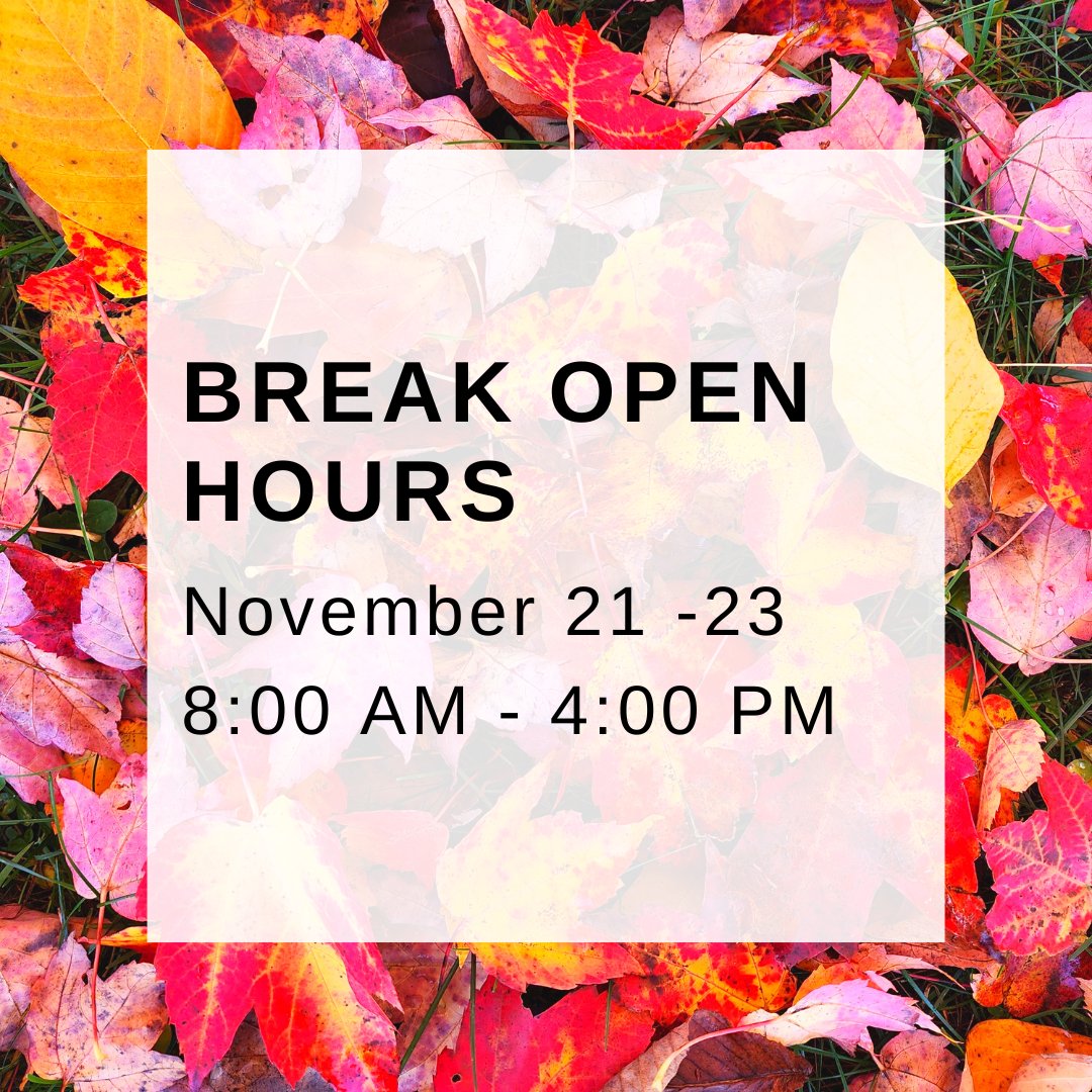 SUNYCantonLC's tweet photo. During Thanksgiving Break, the Learning Commons will be open between 8:00 AM and 4:00 PM November 21 - 23. We will be closed until the 27 for the holiday. #sunycanton #meetmeatthecommons #buildinghours #thanksgivingbreak https://t.co/kVMuYVreuM