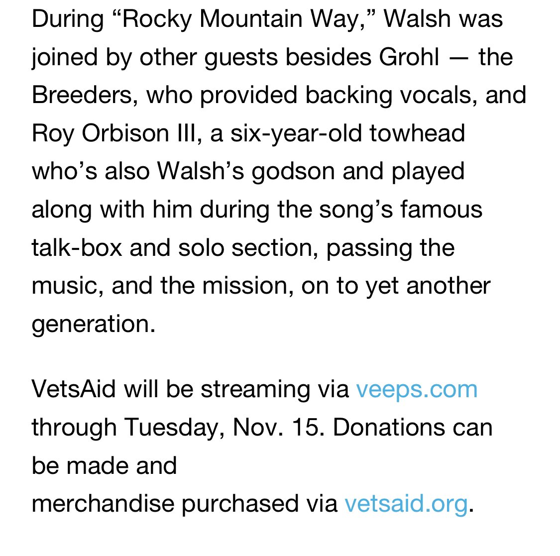 RoyOrbison3rd's tweet photo. “7 Best Moments at 2022 VetsAid Concert” - Billboard magazine article mentions Roy Orbison 3! 

https://t.co/KCq7T52IhR https://t.co/qYQ8mdKggS
