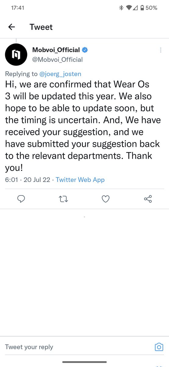 POxya123's tweet photo. @Mobvoi_Official so many of us are asking you to confirm when you will release wear os 3 for the ticwatch pro 3 and you are ignoring all of us. You already confirmed to us it's happening and a number of us only purchased the watch for this reason. Please provide an update! https://t.co/fcwoimfn97