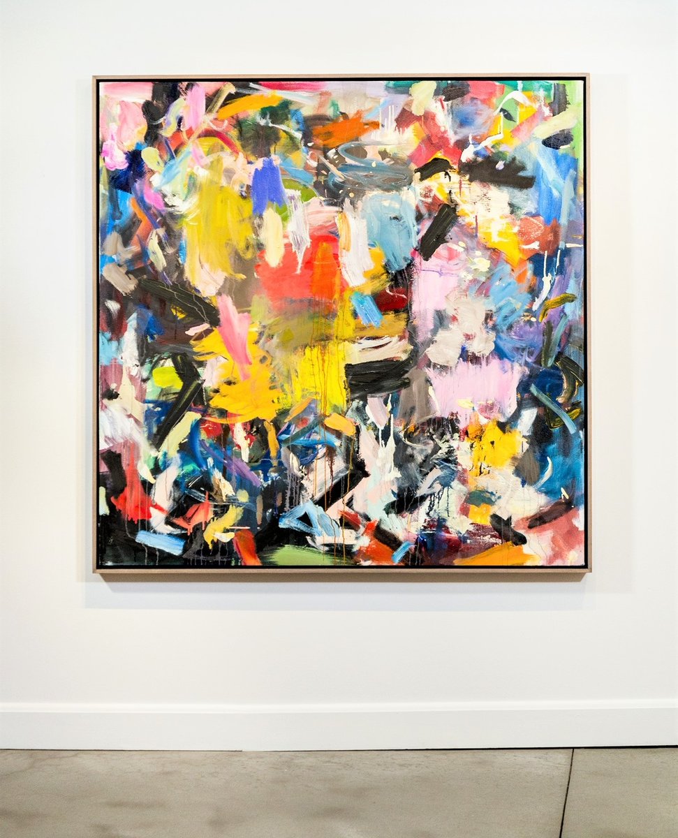 OenoGallery's tweet photo. There Is Something by Scott Pattinson is a 60 × 60 in oil painting with an exotic colour palette —bright yellows, orange, purple, blues, greens, white &amp; black. The wild tangle of brush strokes gives this abstract painting a vibrant energy. On view now: https://t.co/VEGDMJEPVp https://t.co/h54fdHoT1t