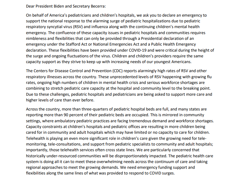 In the height of the pandemic, the nat'l guard & other govt resources/allowances were granted to aid in adult care. Now, peds hospitals are experiencing unprecedented volumes in both resp & mental health pts. The CEOs of the @aap_peds & @hospitals4kids beseech @joebiden for help.