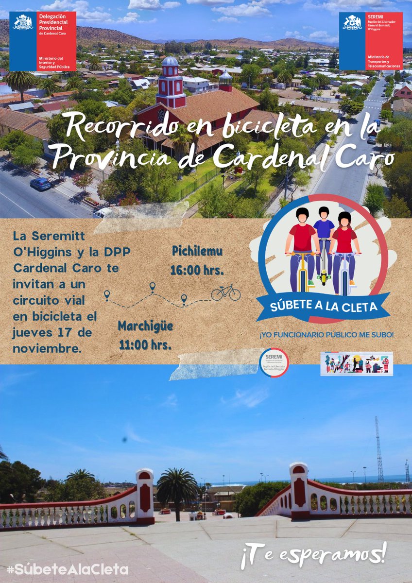 La <a href="/DPPCardenalCaro/">DPP Cardenal Caro</a> y la <a href="/MTTOhiggins/">SeremiTT Región de O'Higgins</a> tienen el agrado de invitarlos a participar del lanzamiento de “Súbete a la Cleta” 🚲 en #CardenalCaro, el que contará con un recorrido vial junto a funcionarios públicos de diversas instituciones. #SúbeteALaCleta
Más info aquí 👇