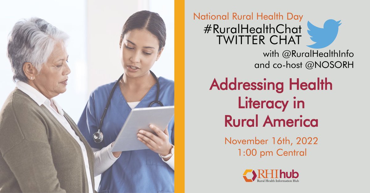 Join us and @ruralhealthinfo today at 1 PM CT!

We’ll be using the hashtag #RuralHealthChat to tweet with experts who are excited to share their knowledge. 

Everyone is welcome to provide comments, questions, or just follow along!

For more info: ow.ly/w4q450Lkksu