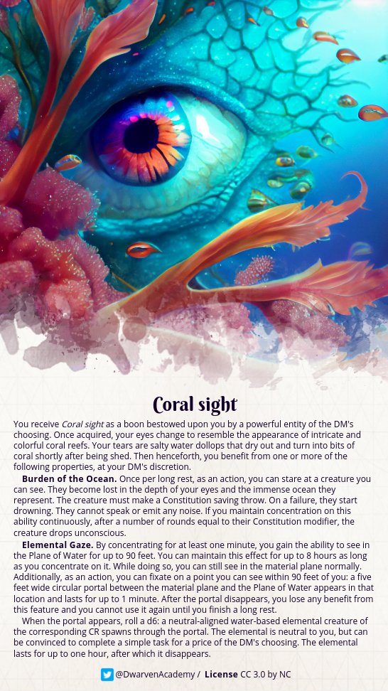 DwarvenAcademy's tweet photo. This is the fourth and last of four eye-themed abilities I am home-brewing for a future campaign. Coral sight grants you mastery over water.
#dnd #dnd5e #homebrew #ttrpgfamily #aiart https://t.co/D6l54aRBKm