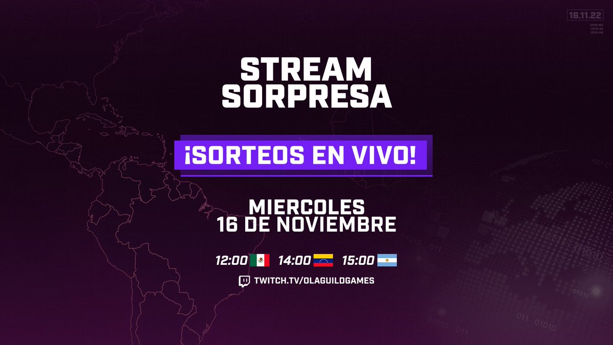 ¡STREAM SORPRESA! 👀

No te pierdas HOY de un directo muy especial para la comunidad, donde tendremos sorteos en vivo para los espectadores 🎁

➡️ twitch.tv/olaguildgames