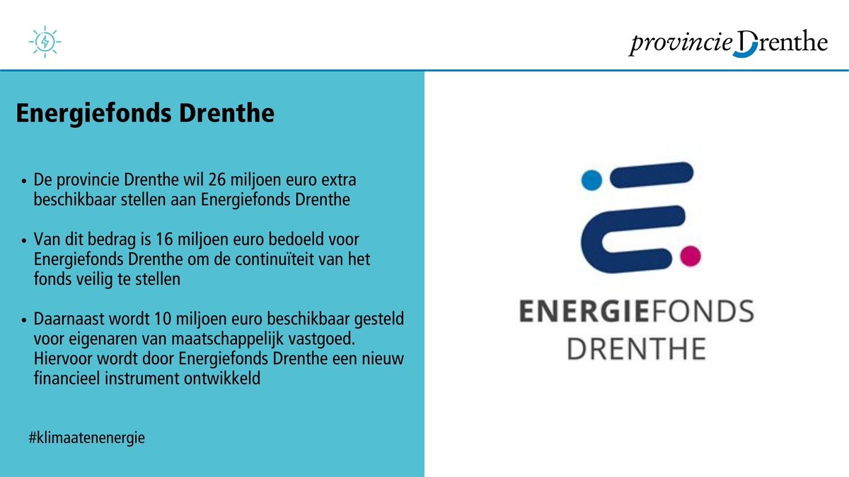 Provincie Drenthe wil €26 miljoen extra beschikbaar stellen aan Energiefonds Drenthe. Hiermee kan het Energiefonds ondernemers en eigenaren van maatschappelijk vastgoed tot eind 2025 blijven ondersteunen met financiering van duurzame maatregelen ➡️ bit.ly/3AhRiVG