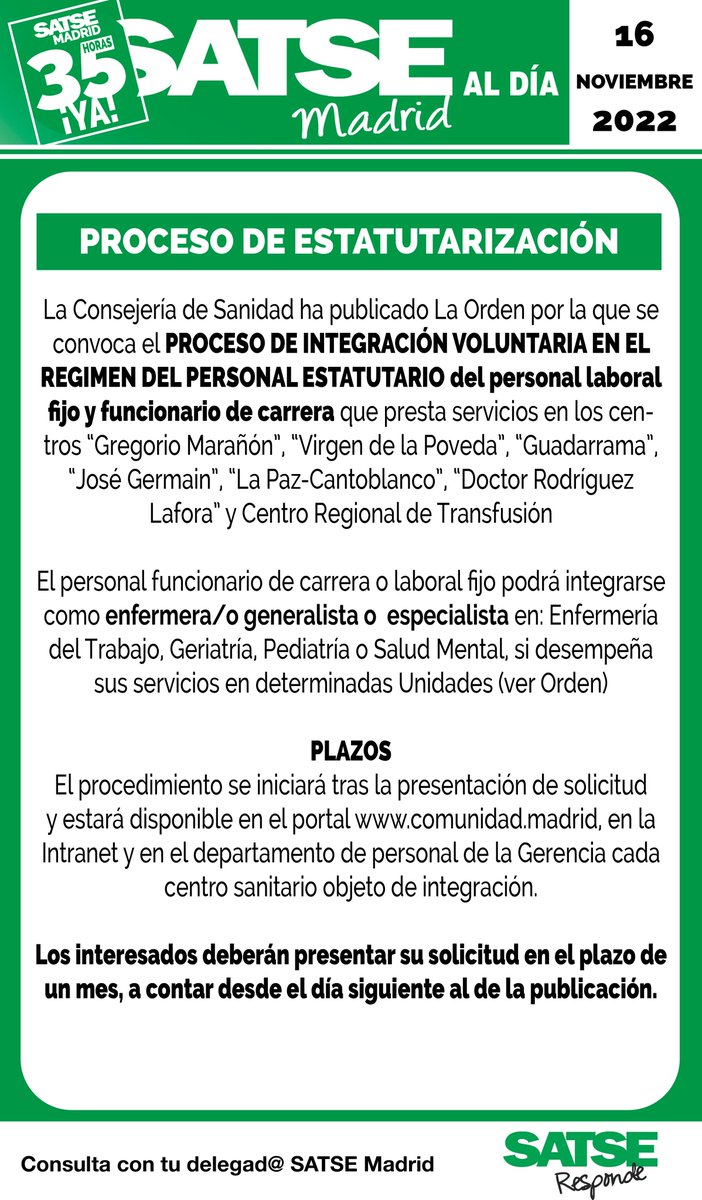 SATSE_Madrid's tweet photo. 🟢Proceso de estatutarización🟢
Convocatoria para integración voluntaria del personal laboral fijo y funcionario de carrera en el régimen estatutario
Solicitudes en https://t.co/fhcJY7bUwY, Intranet y departamentos de personal de los centros. Plazo un mes
https://t.co/6erb6cEgJO https://t.co/60Uqb2hhzP