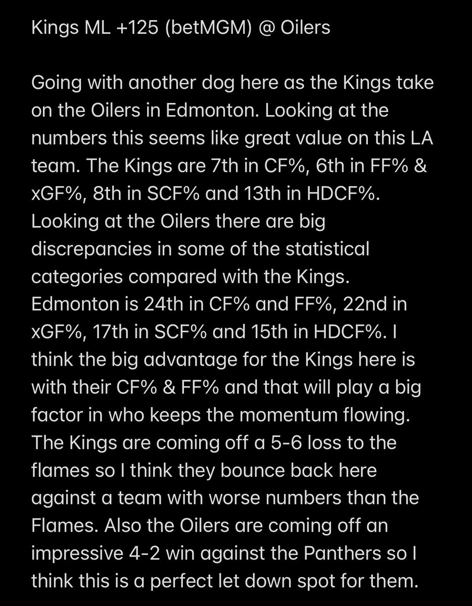 bestpiebets's tweet photo. 11/16/22

Let’s try and stay hot here!

Kings ML +125 (betMGM) @ Oilers

#NHLpicks 
#GamblingTwitter https://t.co/hn4MAzIaq8