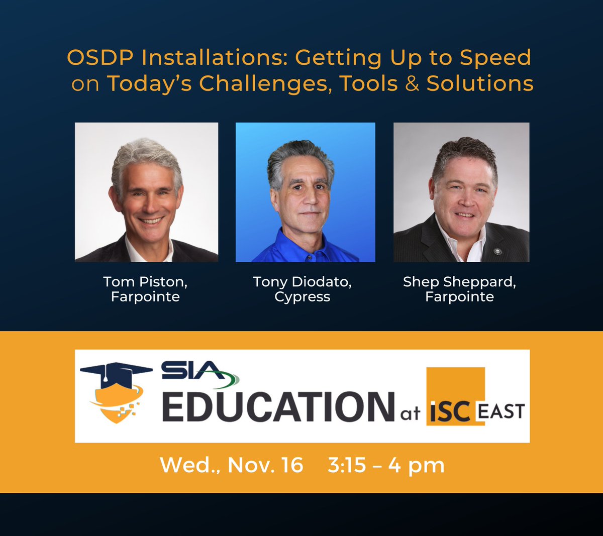 Learn about OSDP tools, installations and retrofit challenges in this ed session at #ISCEast, 3:15 in Rm 1A07! lnkd.in/g_yUqKpc

Our own Tony Diodato, who co-chairs the @SIAonline  OSDP Subcommittee, will co-present along with Shep Sheppard & Tom Piston of @farpointe_data.