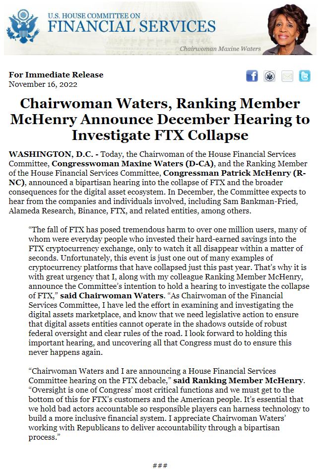 BREAKING‼️ Chairwoman @RepMaxineWaters, Ranking Member @PatrickMcHenry Announce #December Hearing to Investigate #FTX Collapse | bit.ly/3GhYfKo