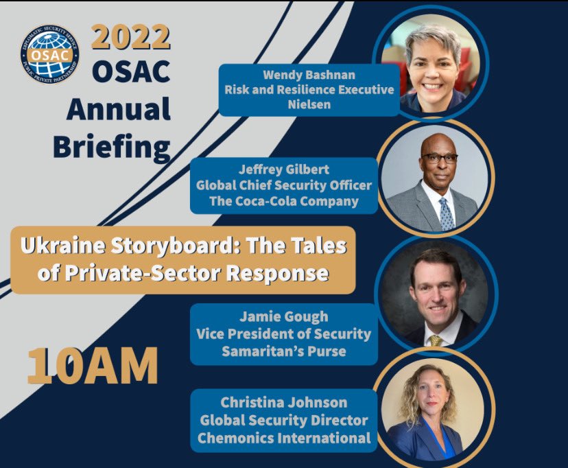 OSACstate's tweet photo. Ukraine Storyboard: The Tales of Private-Sector Crisis Response is happening now!
#OSACweek2022
#OSACannualbriefing https://t.co/7xsVzKQ9Pk