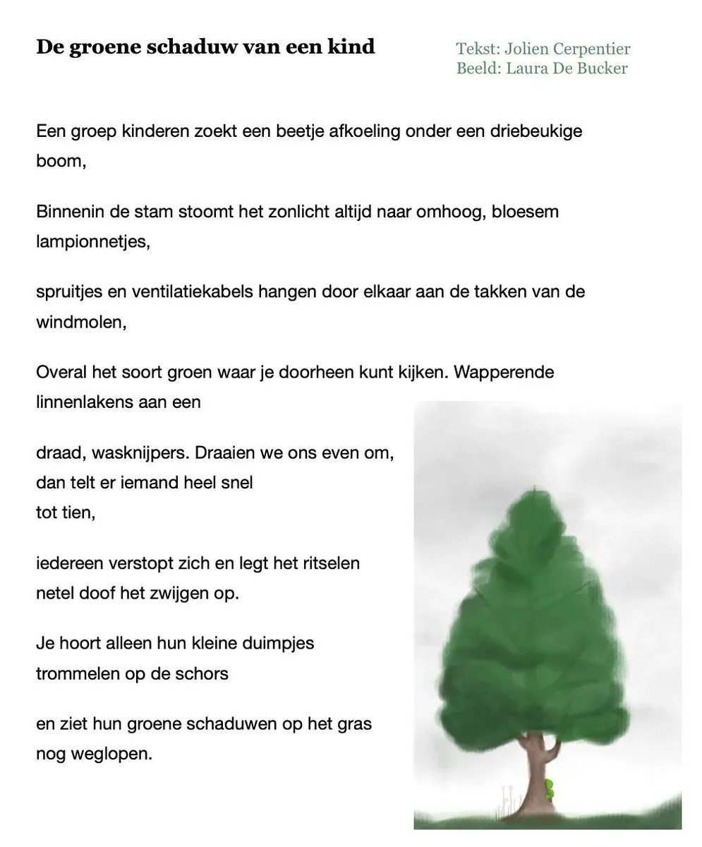 Moeial's tweet photo. Poëzie over kleine duimpjes, groene schaduwen en een driebeukige boom. Jolien pent het neer in haar gedicht "De groene schaduw van een kind".
🌳

✒️ Jolien Cerpentier
🖌️ Laura De Brucker 

https://t.co/w3RZturp8H https://t.co/i0dWKQwlsy