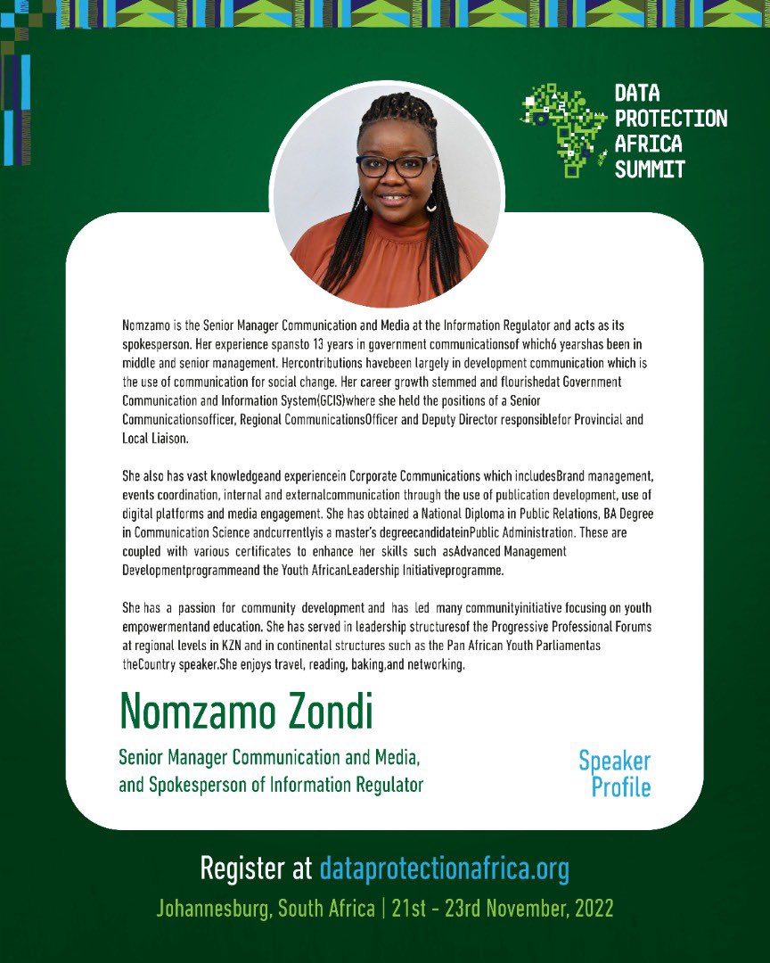 hub_adr's tweet photo. Nomzamo Zondi will join other speakers at this year's summit in South Africa ๐ฟ๐ฆ Johannesburg from 21st - 23rd November, 2022.
Stay on our pages to hear from her.
Register here: https://t.co/0nXcFibUjo
#DPAS #DataProtection #DPAS22 https://t.co/kbwHKo6J8F