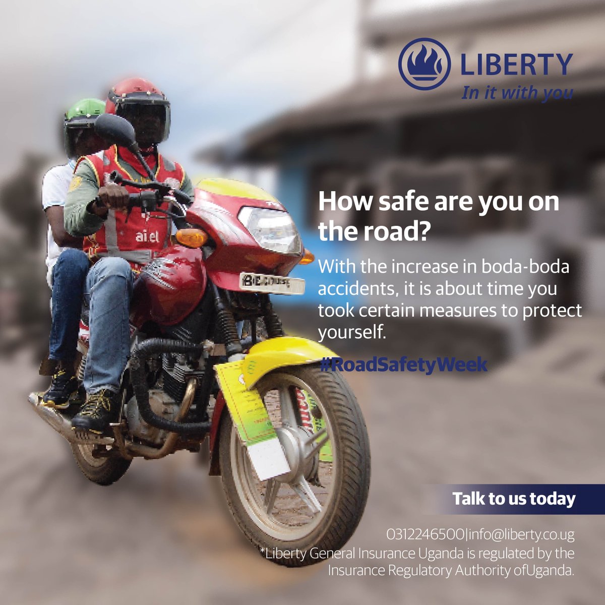 liberty_uganda's tweet photo. Heading home this evening?

💡Wear your helmet and ask your Boda-Boda rider to go slower because every life on our roads matters, &amp; every death &amp; injury is preventable.

Together, let's create Safe Roads for All. 
#RoadSafetyWeek #InItWithYou #roadsafety2022 #roadtips #insurance https://t.co/bXONbGwbyK