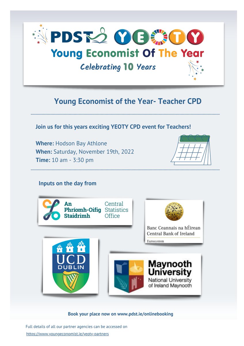 Don't forget to book your place now at this Saturday's <a href="/PDST_YEOTY/">PDST YEOTY</a> teacher event! Looking forward to hearing all of our guest speakers on the day.
<a href="/CSOIreland/">Central Statistics Office Ireland</a> , <a href="/centralbank_ie/">Central Bank of Ireland</a>, <a href="/MaynoothUni/">Maynooth University</a> <a href="/KevinDenny/">Kevin Denny</a> <a href="/SchoolofEdUCD/">UCD School of Education</a>, <a href="/econrachel/">Rachel Farrell</a> 
<a href="/bstaireland/">Business Studies Teachers' Association of Ireland</a>  

#YEOTY
 Registration details👇