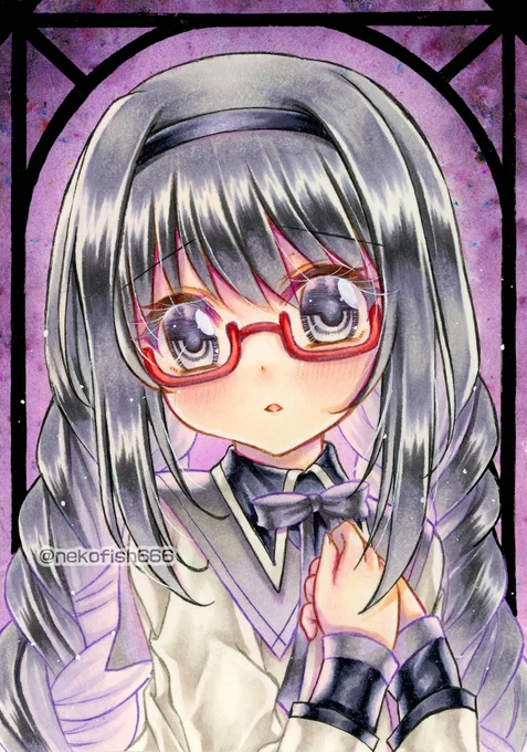 今回のシリーズの背景はいろいろやってみた。原画はキラキラで綺麗けど、スキャン画像まったく見えない残念すぎ!毎日2枚ずつアップ。#アナログ #魔法少女まどかマギカ #まどマギ #鹿目まどか #暁美ほむら 