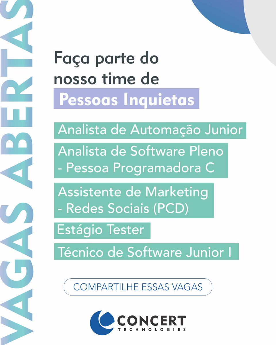ConcertHiring's tweet photo. Estamos com vagas abertas nas nossas unidades de negócio e Holding aqui na Concert Technologies!
Acesse o link https://t.co/p0fJqZECzL e se candidate.
#Iot #VagaIot #TécnicodeSoftware #RedesSociais #VagaPCD #AnalistadeSoftware #oportunidadesti #oportunidades https://t.co/oi8648ydUt