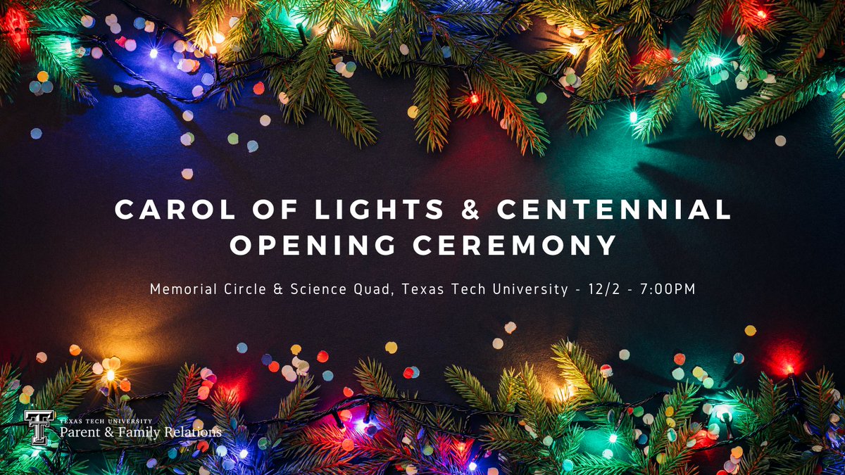 TTUPFR's tweet photo. Holiday season has arrived! Remind your Red
Raider to head over to Memorial Circle tomorrow at 7
pm for Carol of Lights and the Centennial Opening
Ceremony! Hear performances from Wade Bowen and
the Maines Brothers Band.❤️
For more information visit,
https://t.co/6oYmujbCOp https://t.co/x9YQBIZSdR