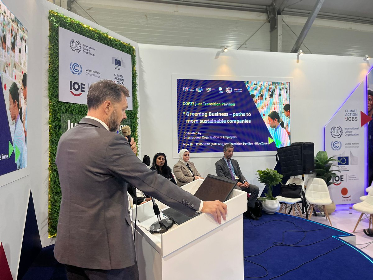 ioevoice's tweet photo. 🗣️IOE Adviser R. Marinkovic &amp; @ilo Specialist @medinacheca open our #GreeningBusiness event at ILO's #COP27 #JustTransition Pavilion: stakeholders share views, experiences &amp; recommendations on how businesses can reduce their environmental impact while continuing to be successful! https://t.co/hQG8qUG41Q